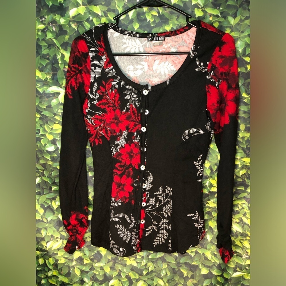 Venus Women's Black and Red Floral Top